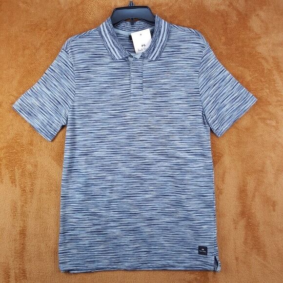 PAUL SMITH Mens Polo Shirt XS Blue Stripe Collared Structured Knit Space Dye - Picture 1 of 8